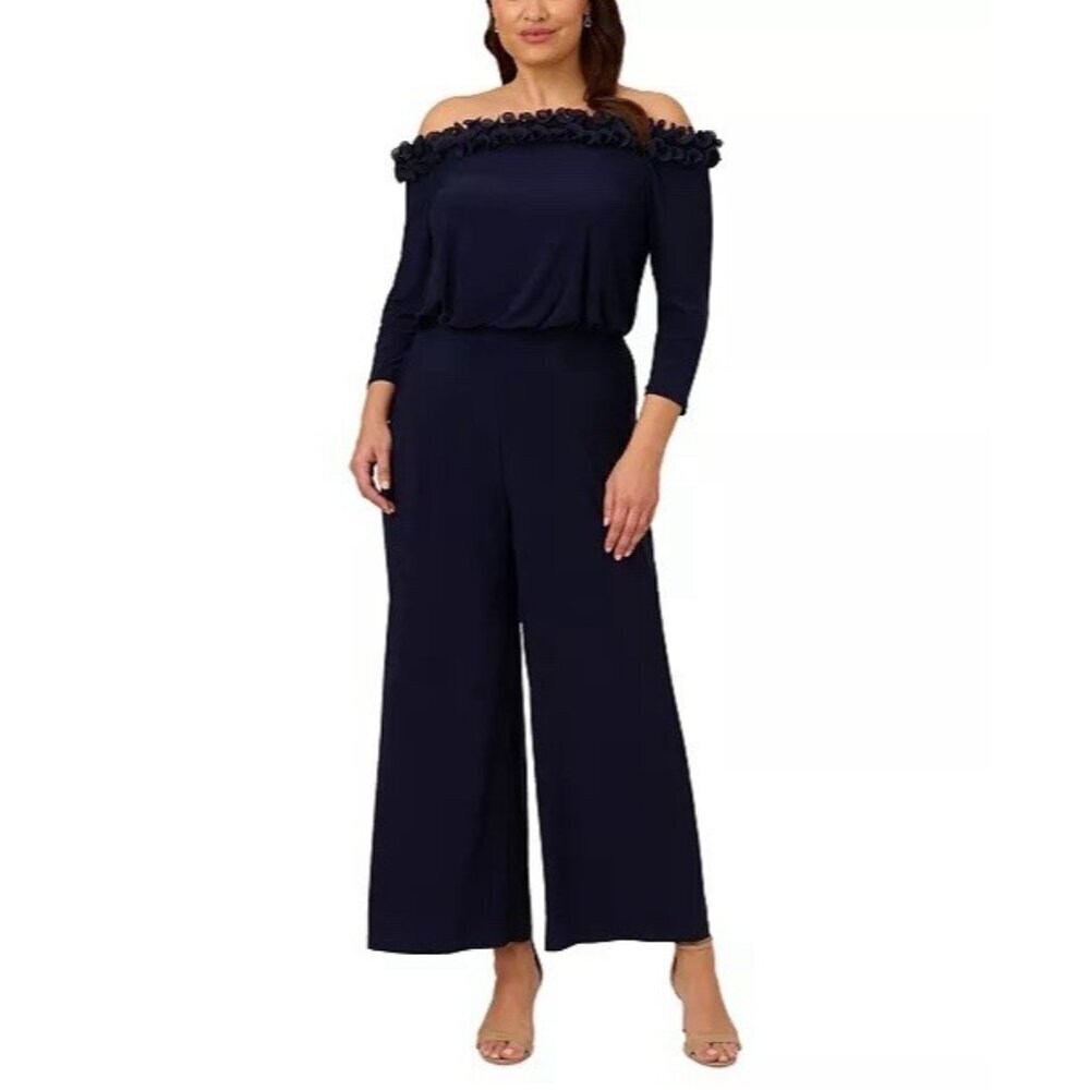 Adrianna Papell Plus Size 22W Navy Blue Off Shoulder Jersey Jumpsuit Rosette NWT